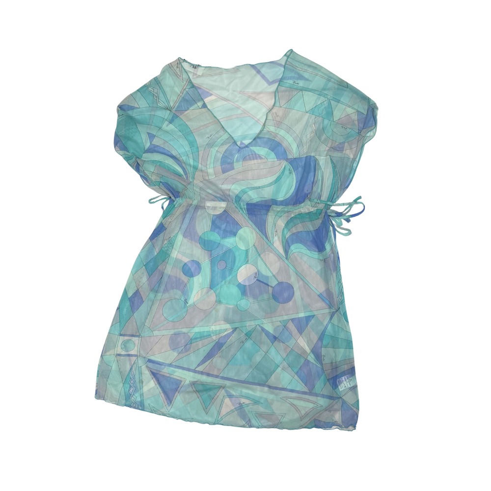 Emilio Pucci Vintage Blue Geometric Printed Mesh Coverup Mini Dress - Picture 1 of 13